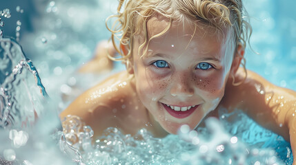 a  child with white curly hair and blue eyes happily slides down a plastic slide in a water park