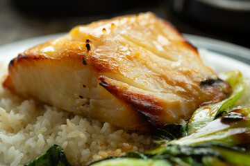 Miso glazed broiled black cod butterfish with bok choy