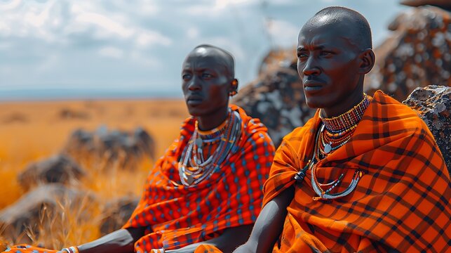maasai warriors traditional dress telephoto lens and rocky outcrops