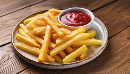 Wall Mural - Homemade french fries and bowl of tomato sauce. Tasty fast food. Appetizing snack. Culinary concept