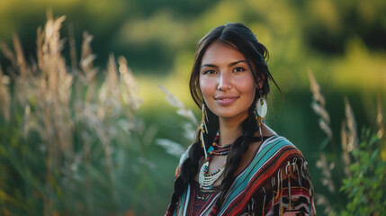 beautiful smiling native America woman, isolated on blur field, portrait of woman