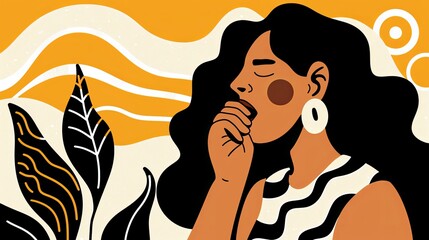 Wall Mural - A woman with long black hair and a hand covering her mouth. Illustration for cover, postcard, interior design, brochure or print.