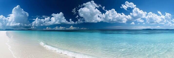 Sticker - Panoramic view of an idyllic tropical beach with crystal-clear turquoise water under a blue sky with fluffy clouds