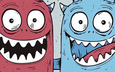 Wall Mural - Two cartoon monsters with big eyes and big smiles full of teeth. Imitation of a painted picture. Illustration for banner, poster, cover, brochure or presentation.