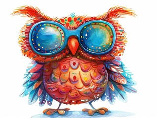 Wall Mural - An owl wearing sunglasses. Bird owl drawn in children watercolor drawing style. Illustration for cover, card, postcard, interior design, sticker, decor or print.