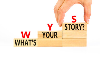 Fototapete - Storytelling and what is your story symbol. Concept words What is your story on beautiful wooden blocks. Beautiful white background. Business storytelling what is your story concept. Copy space