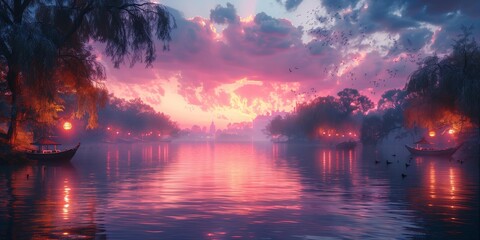 Wall Mural - Tranquil twilight on the riverbank, generative ai