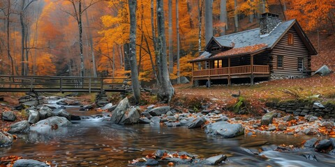Wall Mural - Mountain Getaway: Rustic Cabin Surrounded by Fall Foliage, generative ai