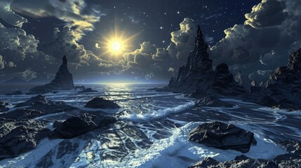 Poster - A mysterious night scene with jagged rocks on the ocean, the water flowing swiftly around them, under a cloud-filled sky with a luminous sun peeking through, creating a surreal atmosphere.