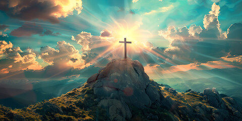 Wall Mural - Majestic cross on a rocky peak with sunbeams breaking through the clouds