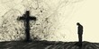 © Teppi - Silhouette of a man next to a cross, hope in faith during a depression, black charcoal drawing