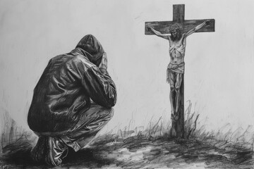 A man kneels in front of a cross on which Jesus hangs and prays, black pencil drawing