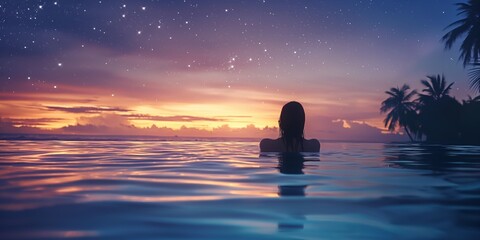 Wall Mural - A serene scene with a person enjoying a calm swim in the ocean during twilight hours, with a vivid sunset and stars emerging