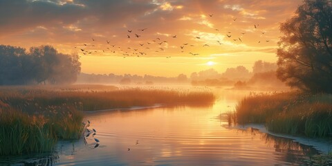 Golden Morning at the Wetland Restoration, generative ai