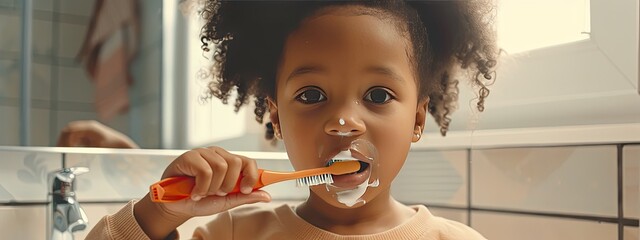 Wall Mural - close-up of a girl brushing her teeth. Selective focus