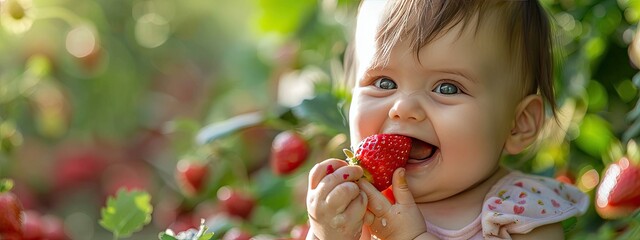 Wall Mural - a baby eats a strawberry. Selective focus