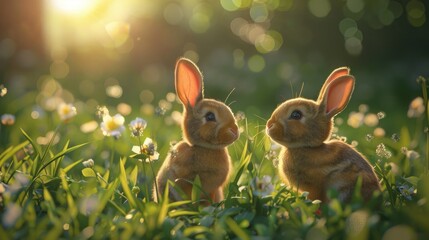 Adorable bunnies seated and gazing at something in the meadow