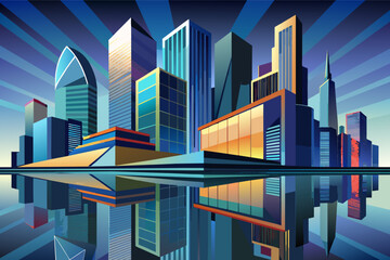 Aufkleber - a city skyline with skyscrapers and a lake