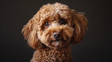 Wall Mural - Adorable Maltipoo dog with sweet expression and soft brown fur posing in a studio setting Close up shot showing the dog looking content and in good health Emphasizing companionship affection
