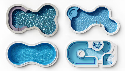 Wall Mural - Set with swimming pools of different shapes on white background, top view. Banner design