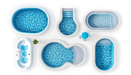 Wall Mural - Set with swimming pools of different shapes on white background, top view. Banner design