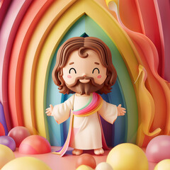 Cute cartoon Jesus standing in front of rainbow background