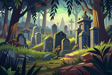 Aufkleber - a cartoon style scene of a cemetery in the woods