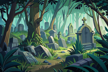 Aufkleber - a cartoon style scene of a cemetery in the woods