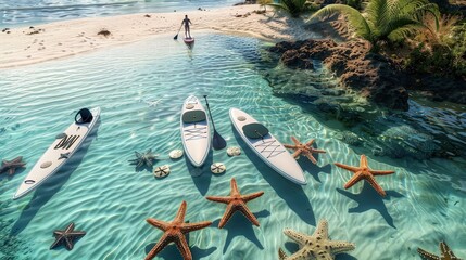 Poster - A serene scene of paddleboards near a sandy island, with the water so clear that starfish and sand dollars can be seen decorating the seabed.