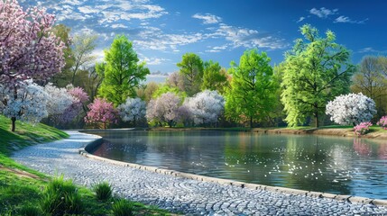 Wall Mural - A serene spring scene in a park with a lake surrounded by blossoming trees in multiple shades of green, pink, and white, with a stone path curving along the shore under a bright blue sky.