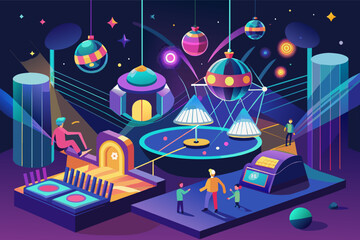 Aufkleber - a room with a lot of electronics and a lot of lights, A space abundant in electronic devices and illumination fixtures.