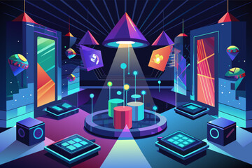 Aufkleber - a room with a lot of electronics and a lot of lights, A space abundant in electronic devices and illumination fixtures.