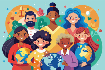 Aufkleber - a group of people standing around a globe, A gathering of individuals encircling a world map.