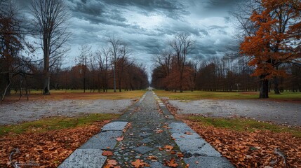 Poster - A stark view of a once-vibrant park now quiet and somber, with leafless trees and a grey stone path leading to nowhere, under a heavy autumn sky.