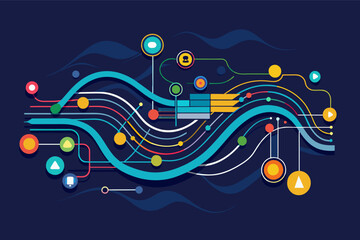 Aufkleber - a blue background with a colorful swirl and circles, The design includes a vibrant swirl and circles set against a blue backdrop.