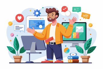 Poster - a man holding a book in front of a computer