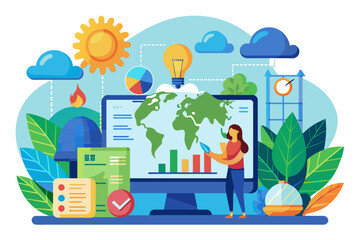 Poster - a woman standing in front of a computer with a world map on it