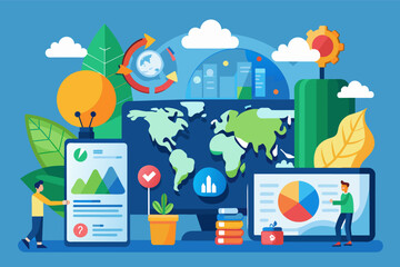 Poster - a woman standing in front of a computer with a world map on it