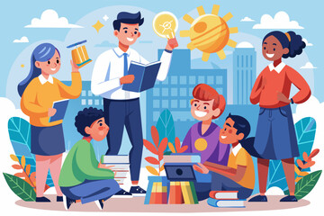 Poster - a group of people standing around a laptop, A gathering of individuals gathered around a laptop.