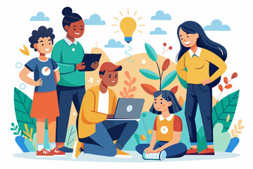 Poster - a group of people standing around a laptop, A gathering of individuals gathered around a laptop.