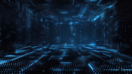 Wall Mural - Dark digital room background, empty futuristic space with wireframe dots and blue light, perspective view. Concept of future, grid, cyber technology, virtual reality