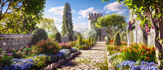 Wall Mural - Old castle and beautiful flower garden in summer, panoramic view of medieval mansion, path and green plants. Concept of house, travel, landscape, history, country