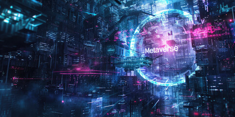 Wall Mural - Futuristic dark cyber space, sign Metaverse on data lights background, abstract digital world. Concept of technology, future, tech, virtual reality, neon cyberpunk city