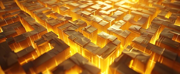 Canvas Print - Zooming out to reveal a sprawling maze made entirely of intricately folded paper, with each pathway bathed in the warm glow of a golden-yellow light.