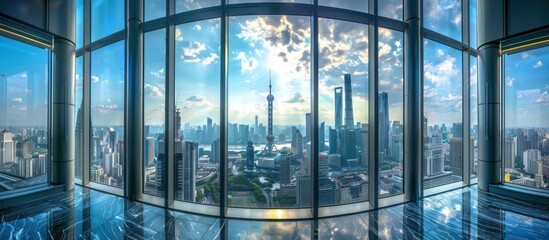 Wall Mural - Panoramic skyline and modern buildings from glass window