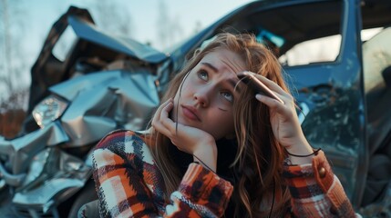 Wall Mural - Car Accident: Young Woman Making Phone Call by Damaged Vehicle