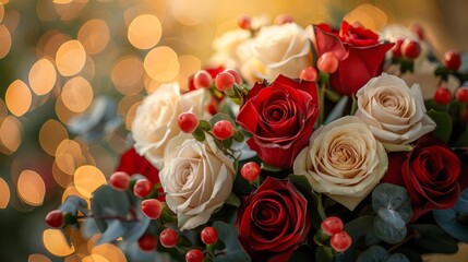 Wall Mural - A beautiful bouquet of red and white roses with bokeh lights in the background.