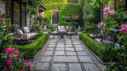 Wall Mural - A tranquil courtyard garden with stone paths leading to a secluded sitting area with iron furniture, surrounded by well-trimmed hedges and blooming flowers, exemplifying perfect garden management.