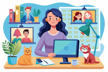 Aufkleber - a woman sitting at a desk with a computer and a cat, A woman is seated at a desk with a computer, accompanied by a cat.