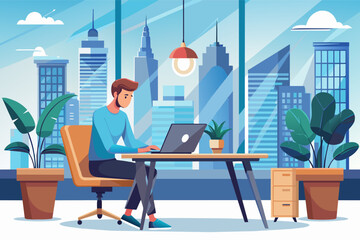 Poster - a man sitting at a desk with a laptop, A man seated at a desk, using a laptop computer.